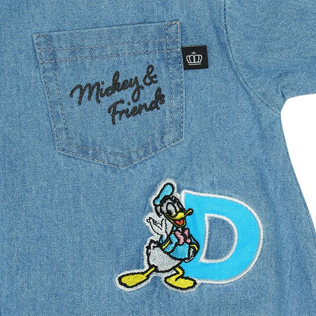【ベビードール】ミッキー ワッペンデニムロンパース 0300B / ドナルド プルート 70-80cm 赤ちゃん リンクコーデ ペアルック 親子コーデ 出産祝い 贈り物 プレゼント ベビー服 つなぎ 長袖 綿100％