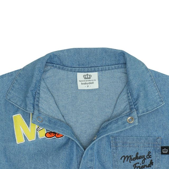 【ベビードール】ミッキー ワッペンデニムロンパース 0300B / ドナルド プルート 70-80cm 赤ちゃん リンクコーデ ペアルック 親子コーデ 出産祝い 贈り物 プレゼント ベビー服 つなぎ 長袖 綿100％