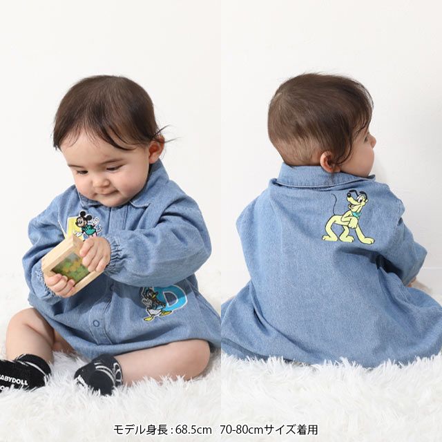 【ベビードール】ミッキー ワッペンデニムロンパース 0300B / ドナルド プルート 70-80cm 赤ちゃん リンクコーデ ペアルック 親子コーデ 出産祝い 贈り物 プレゼント ベビー服 つなぎ 長袖 綿100％