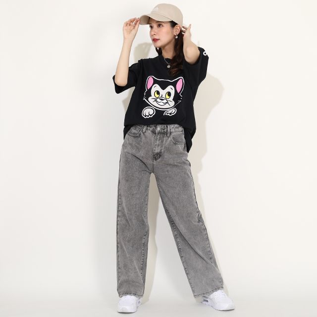 【ベビードール】フィガロ 親子お揃い キャラクターフェイスTシャツ 0320A / 大人 ユニセックス 男女兼用 リンクコーデ ペアルック 親子コーデ 半袖 トップス フリーサイズ 天竺素材 ワイドシルエット キャットコレクション 猫の日 猫キャラクター CAT