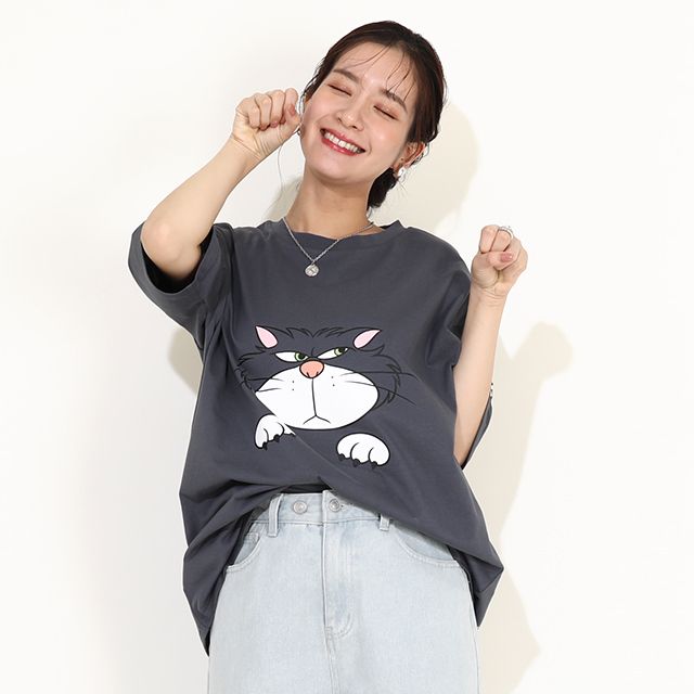 【ベビードール】ルシファー 親子お揃い キャラクターフェイスTシャツ 0320A / 大人 ユニセックス 男女兼用 リンクコーデ ペアルック 親子コーデ 半袖 トップス フリーサイズ 天竺素材 ワイドシルエット キャットコレクション 猫の日 猫キャラクター CAT