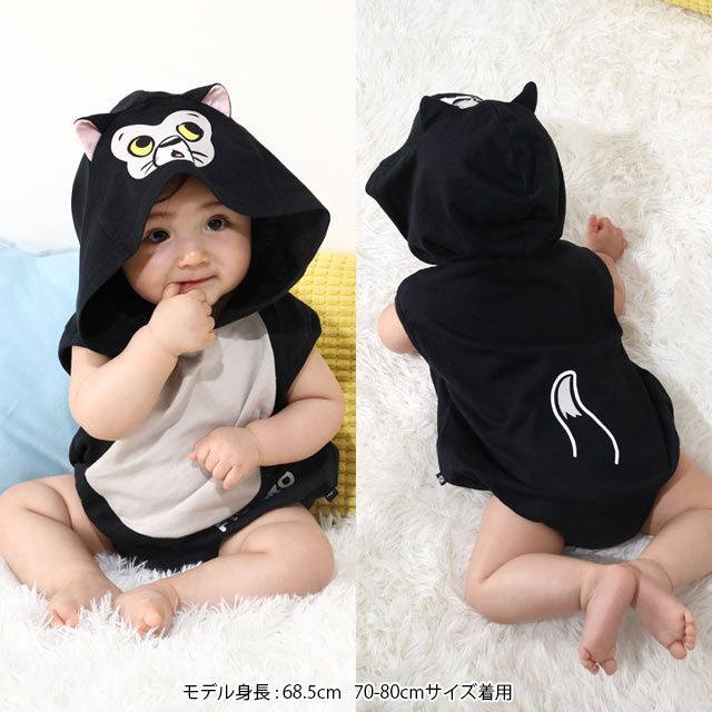 【ベビードール】フィガロ なりきる帽子付きロンパース 0321B / 70-80cm ベビー服 リンクコーデ ペアルック 親子コーデ 半袖 つなぎ ボディ肌着 フード付き 天竺素材 キャットコレクション 猫の日 猫キャラクター CAT