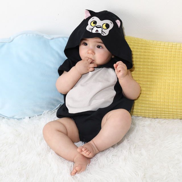 【ベビードール】フィガロ なりきる帽子付きロンパース 0321B / 70-80cm ベビー服 リンクコーデ ペアルック 親子コーデ 半袖 つなぎ ボディ肌着 フード付き 天竺素材 キャットコレクション 猫の日 猫キャラクター CAT