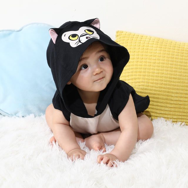 【ベビードール】フィガロ なりきる帽子付きロンパース 0321B / 70-80cm ベビー服 リンクコーデ ペアルック 親子コーデ 半袖 つなぎ ボディ肌着 フード付き 天竺素材 キャットコレクション 猫の日 猫キャラクター CAT
