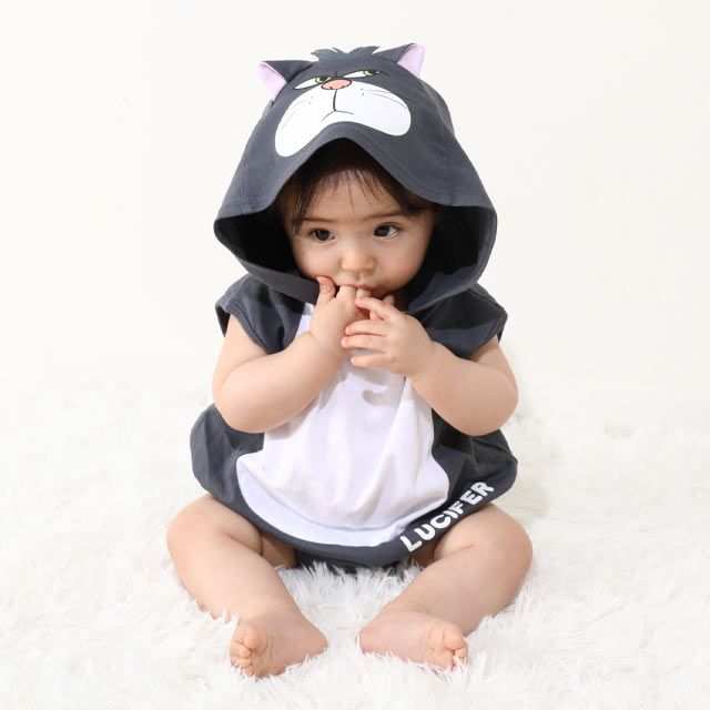 【ベビードール】ルシファー なりきる帽子付きロンパース 0321B / 70-80cm ベビー服 リンクコーデ ペアルック 親子コーデ 半袖 つなぎ ボディ肌着 フード付き 天竺素材 キャットコレクション 猫の日 猫キャラクター CAT