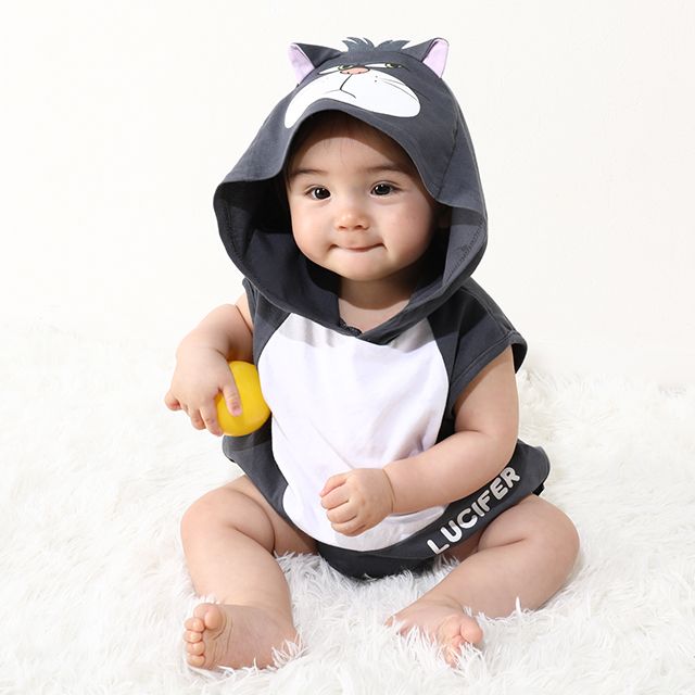 【ベビードール】ルシファー なりきる帽子付きロンパース 0321B / 70-80cm ベビー服 リンクコーデ ペアルック 親子コーデ 半袖 つなぎ ボディ肌着 フード付き 天竺素材 キャットコレクション 猫の日 猫キャラクター CAT