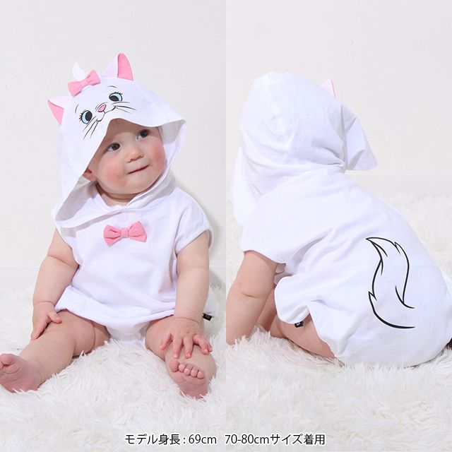 【ベビードール】マリー なりきる帽子付きロンパース 0321B / 70-80cm ベビー服 リンクコーデ ペアルック 親子コーデ 半袖 つなぎ ボディ肌着 フード付き 天竺素材 キャットコレクション 猫の日 猫キャラクター CAT