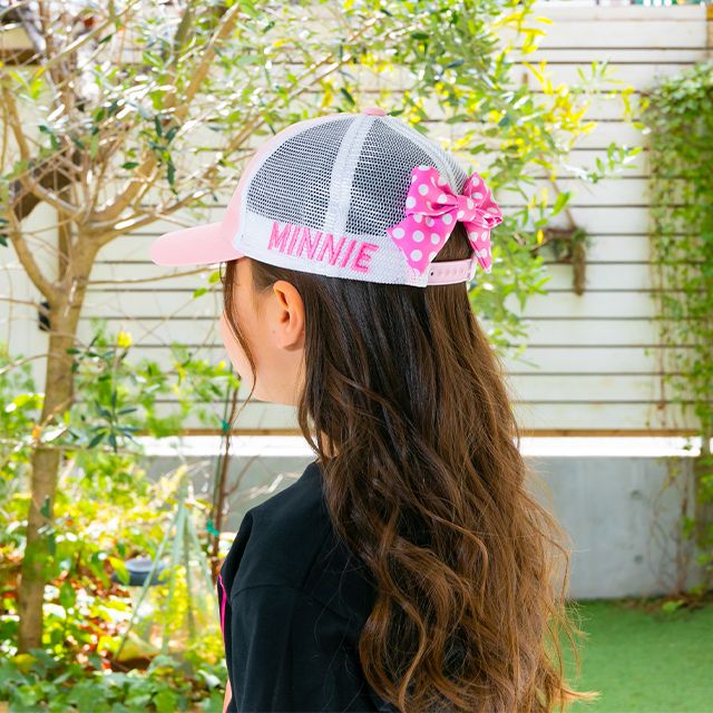 【ベビードール】ミニー 刺繍メッシュキャップ 0481 / 頭回り52-54cm キッズ ぼうし 帽子 サイズ調節可能（ホック） 立体モチーフ 日よけ 熱中症対策 UV対策