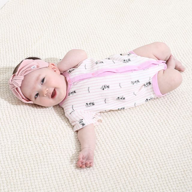 【ベビードール】ミニー 総柄メッシュボディスーツ 0483B / ベビーサイズ 赤ちゃん 出産祝い 贈り物 プレゼント ベビー服 ワンオール つなぎ 半袖 天竺素材