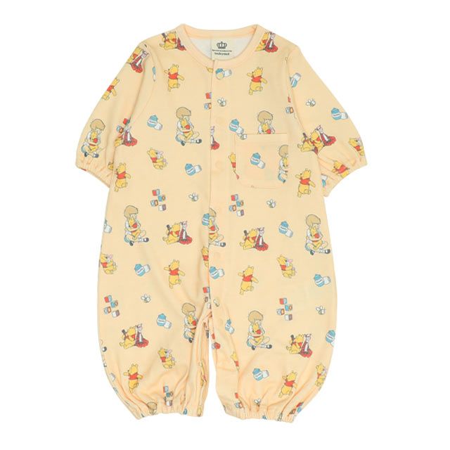 【ベビードール】プー 総柄2WAYオール 0637B / 50-70cm ベビーサイズ 赤ちゃん 出産祝い 贈り物 プレゼント ベビー服 つなぎ 長袖 ドレスオール カバーオール 綿100％