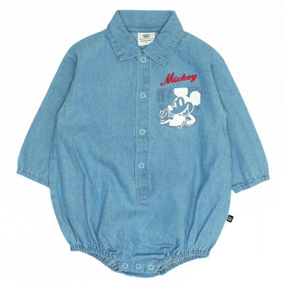 【ベビードール】ミッキー デニムシャツぽってりロンパース 0769B / 70-80cm ベビーサイズ 赤ちゃん 出産祝い 贈り物 プレゼント ベビー服 長袖 シャツ デニム 綿100％