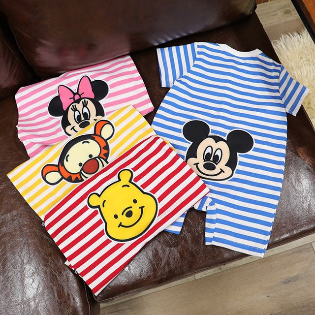 【ベビードール】ミッキー おしりキャラクターロンパース 1208B / 70-80cm ベビーサイズ 赤ちゃん 出産祝い 贈り物 プレゼント ベビー服 半袖 ボーダー柄 アップリケ 天竺素材