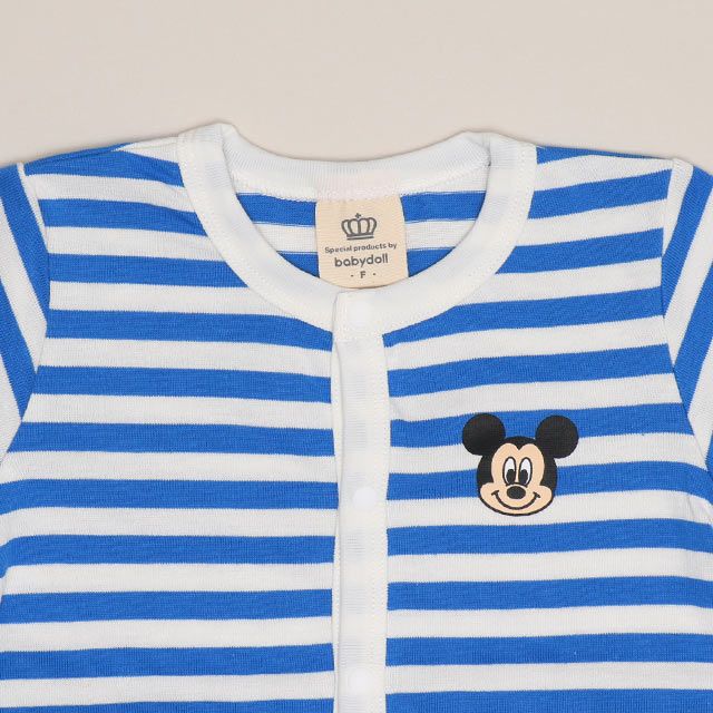 【ベビードール】ミッキー おしりキャラクターロンパース 1208B / 70-80cm ベビーサイズ 赤ちゃん 出産祝い 贈り物 プレゼント ベビー服 半袖 ボーダー柄 アップリケ 天竺素材