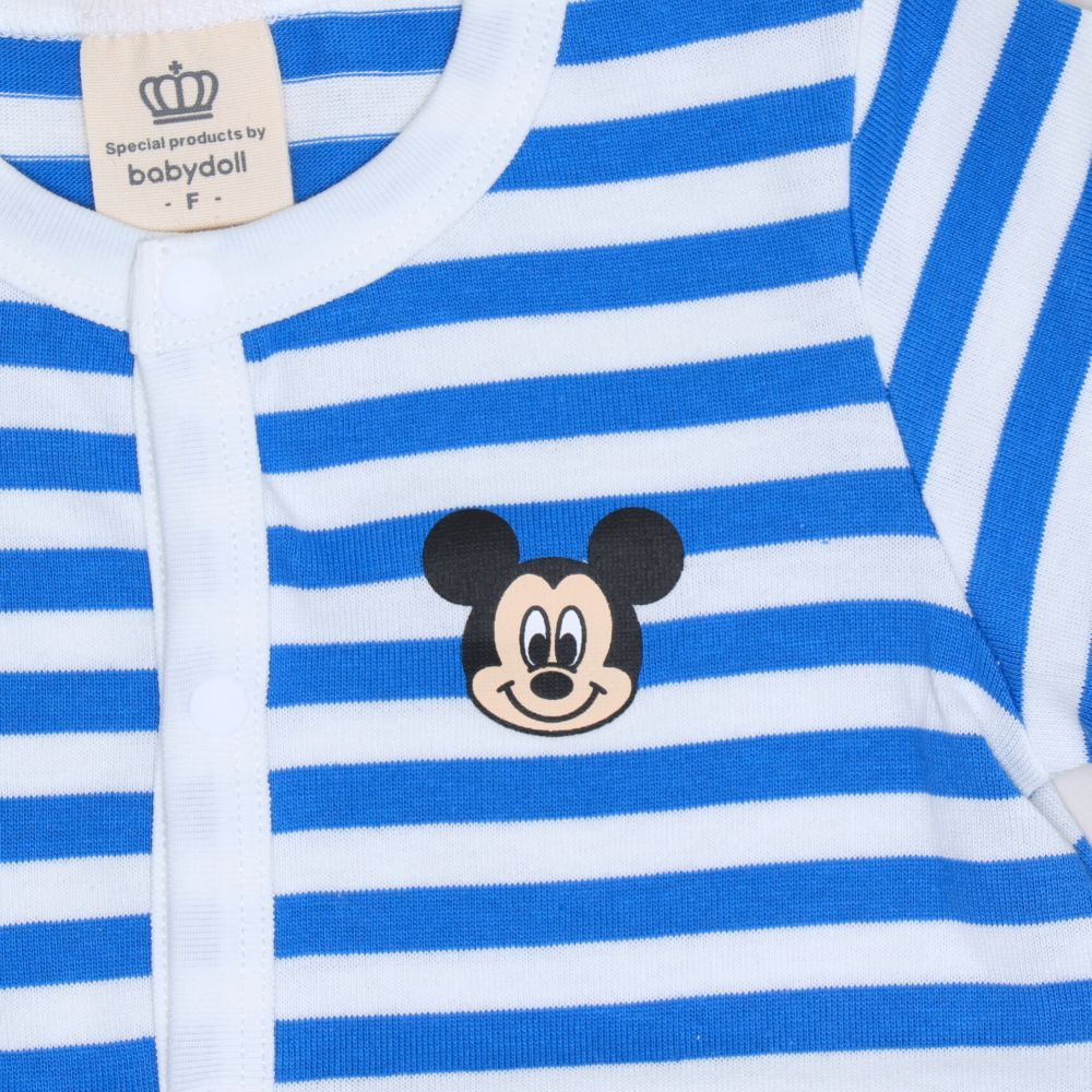 【ベビードール】ミッキー おしりキャラクターロンパース 1208B / 70-80cm ベビーサイズ 赤ちゃん 出産祝い 贈り物 プレゼント ベビー服 半袖 ボーダー柄 アップリケ 天竺素材