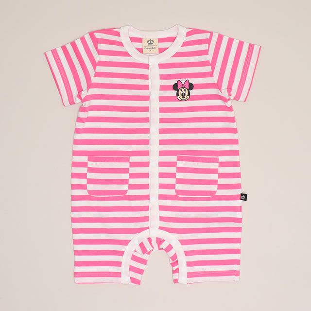 【ベビードール】ミニー おしりキャラクターロンパース 1208B / 70-80cm ベビーサイズ 赤ちゃん 出産祝い 贈り物 プレゼント ベビー服 半袖 ボーダー柄 アップリケ 天竺素材