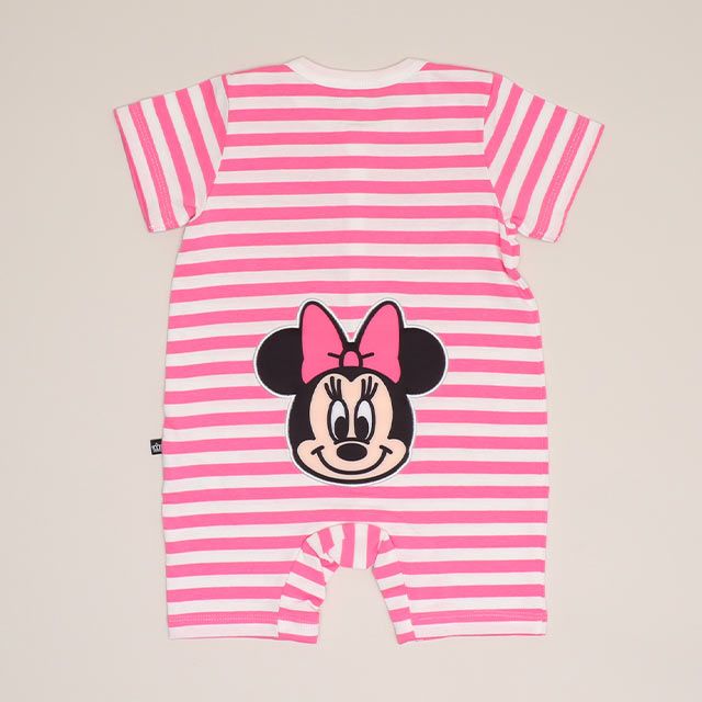 【ベビードール】ミニー おしりキャラクターロンパース 1208B / 70-80cm ベビーサイズ 赤ちゃん 出産祝い 贈り物 プレゼント ベビー服 半袖 ボーダー柄 アップリケ 天竺素材