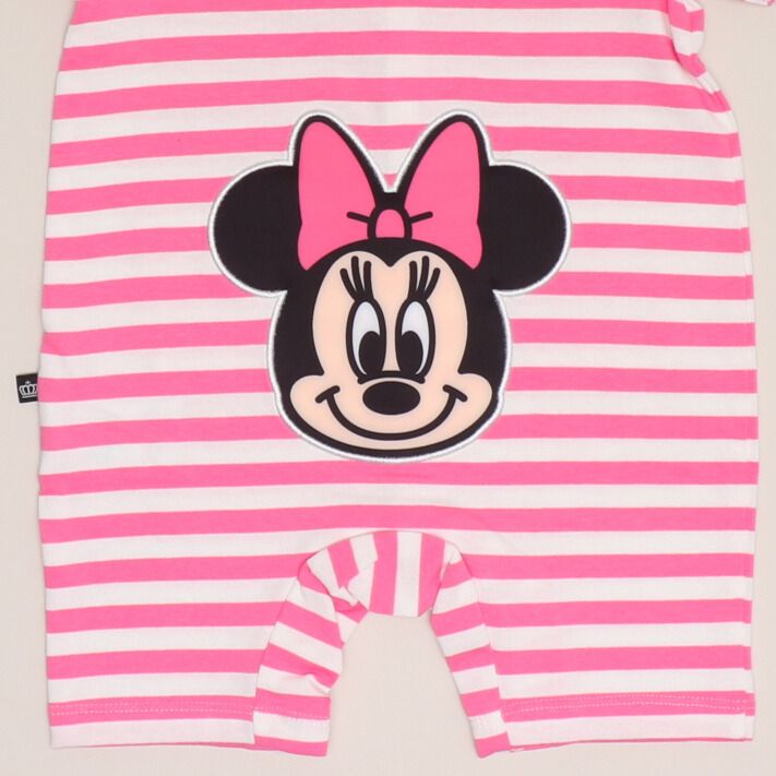 【ベビードール】ミニー おしりキャラクターロンパース 1208B / 70-80cm ベビーサイズ 赤ちゃん 出産祝い 贈り物 プレゼント ベビー服 半袖 ボーダー柄 アップリケ 天竺素材