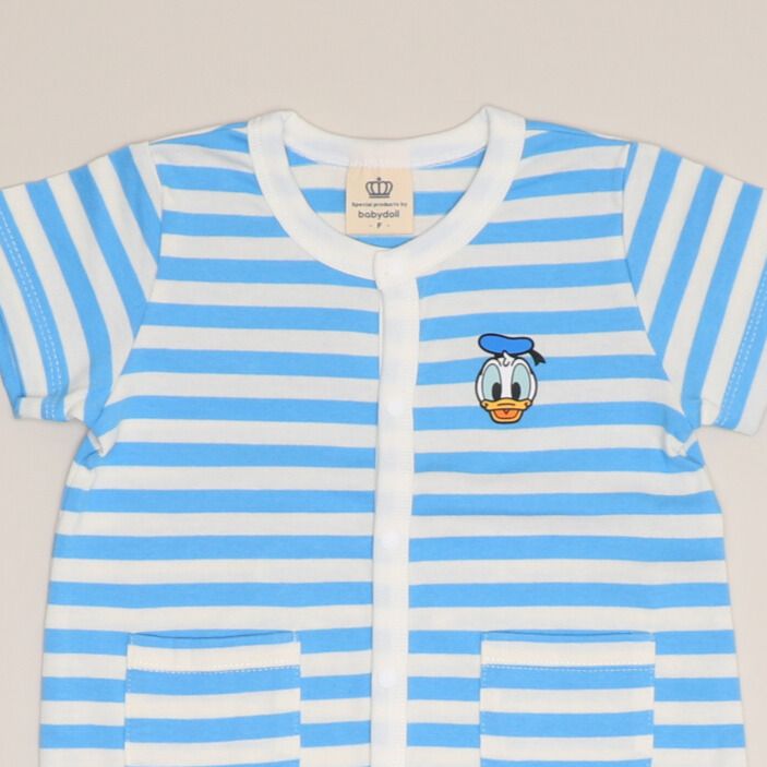 【ベビードール】ドナルド おしりキャラクターロンパース 1208B / 70-80cm ベビーサイズ 赤ちゃん 出産祝い 贈り物 プレゼント ベビー服 半袖 ボーダー柄 アップリケ 天竺素材