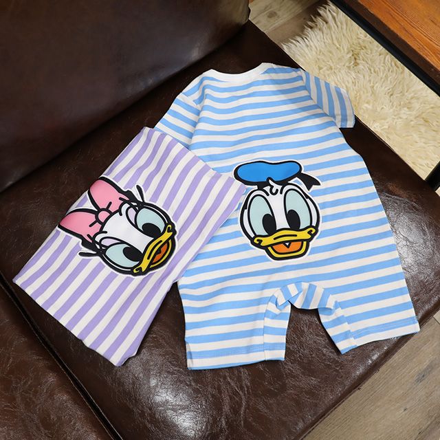 【ベビードール】ドナルド おしりキャラクターロンパース 1208B / 70-80cm ベビーサイズ 赤ちゃん 出産祝い 贈り物 プレゼント ベビー服 半袖 ボーダー柄 アップリケ 天竺素材