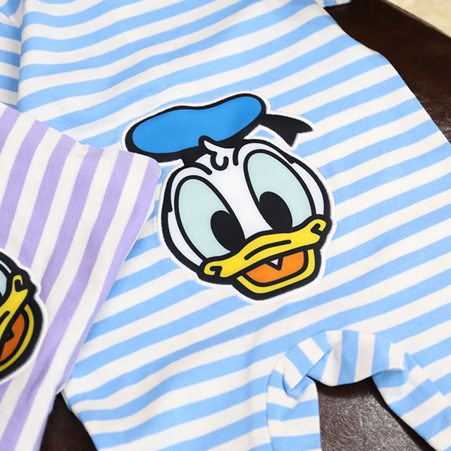 【ベビードール】ドナルド おしりキャラクターロンパース 1208B / 70-80cm ベビーサイズ 赤ちゃん 出産祝い 贈り物 プレゼント ベビー服 半袖 ボーダー柄 アップリケ 天竺素材