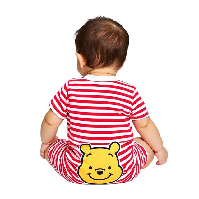 【ベビードール】プー おしりキャラクターロンパース 1208B / 70-80cm ベビーサイズ 赤ちゃん 出産祝い 贈り物 プレゼント ベビー服 半袖 ボーダー柄 アップリケ 天竺素材