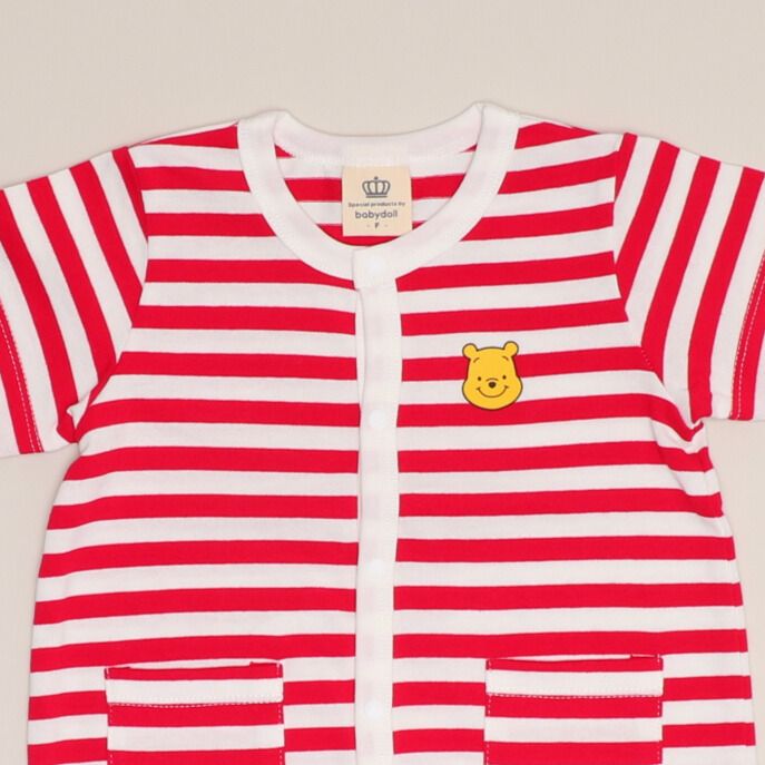 【ベビードール】プー おしりキャラクターロンパース 1208B / 70-80cm ベビーサイズ 赤ちゃん 出産祝い 贈り物 プレゼント ベビー服 半袖 ボーダー柄 アップリケ 天竺素材