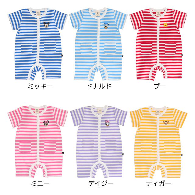 【ベビードール】プー おしりキャラクターロンパース 1208B / 70-80cm ベビーサイズ 赤ちゃん 出産祝い 贈り物 プレゼント ベビー服 半袖 ボーダー柄 アップリケ 天竺素材