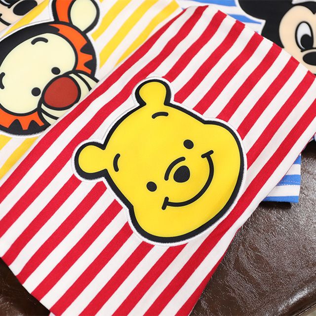 【ベビードール】プー おしりキャラクターロンパース 1208B / 70-80cm ベビーサイズ 赤ちゃん 出産祝い 贈り物 プレゼント ベビー服 半袖 ボーダー柄 アップリケ 天竺素材