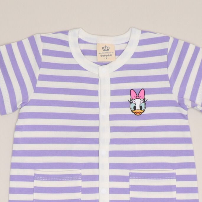【ベビードール】デイジー おしりキャラクターロンパース 1208B / 70-80cm ベビーサイズ 赤ちゃん 出産祝い 贈り物 プレゼント ベビー服 半袖 ボーダー柄 アップリケ 天竺素材
