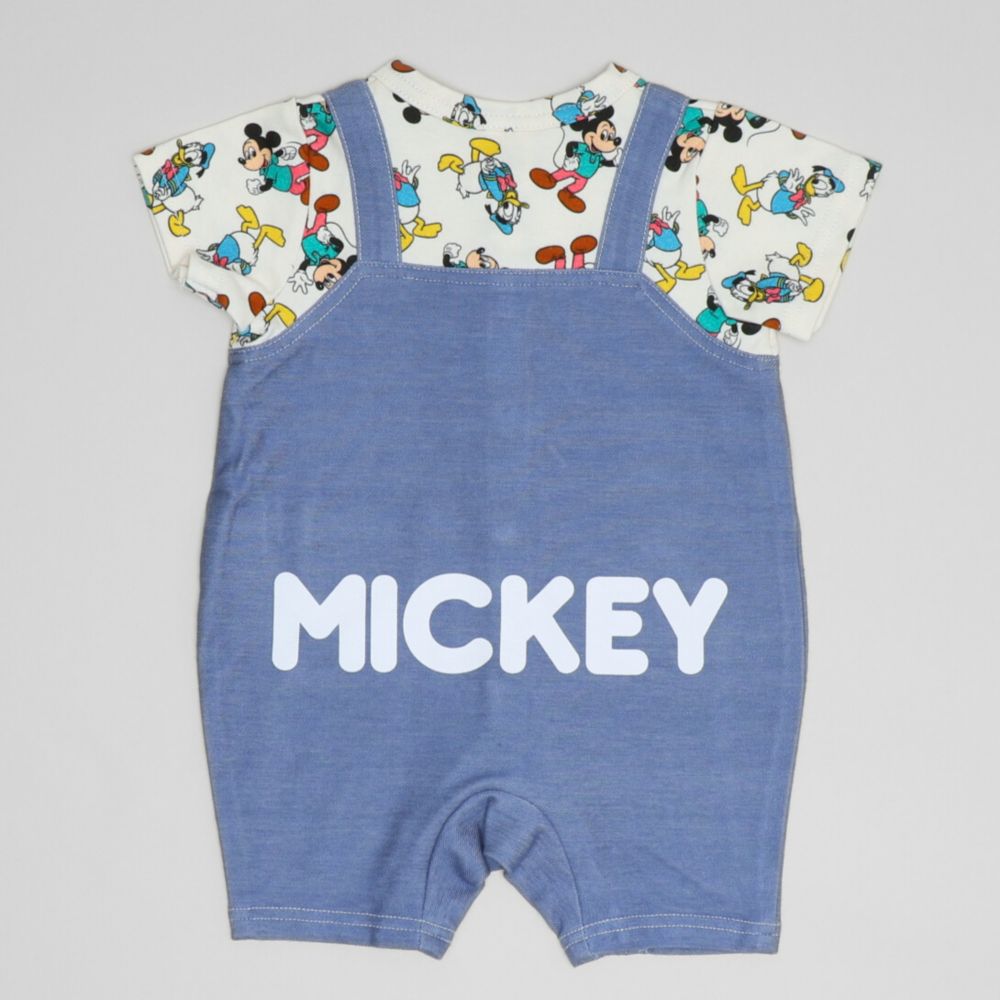 【ベビードール】ミッキー 総柄サロペット風ロンパース 1209B / 70-80cm ベビーサイズ 赤ちゃん 出産祝い 贈り物 プレゼント ベビー服 半袖 デニムサロペット風 ニットデニム