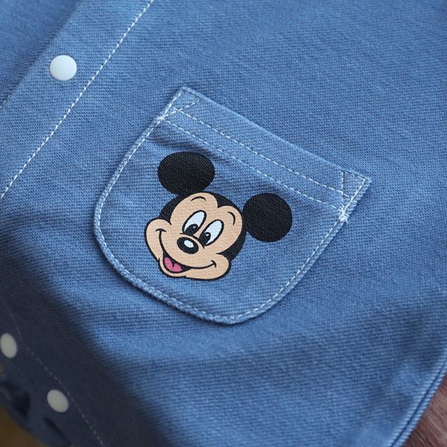 【ベビードール】ミッキー 総柄サロペット風ロンパース 1209B / 70-80cm ベビーサイズ 赤ちゃん 出産祝い 贈り物 プレゼント ベビー服 半袖 デニムサロペット風 ニットデニム