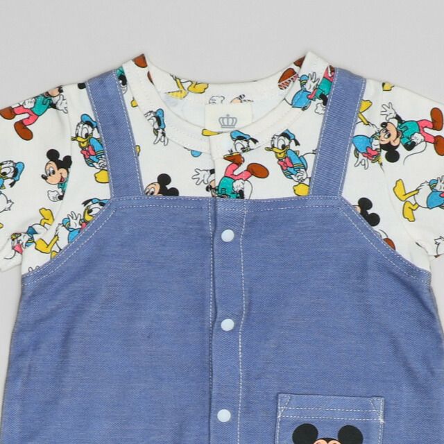 【ベビードール】ミッキー 総柄サロペット風ロンパース 1209B / 70-80cm ベビーサイズ 赤ちゃん 出産祝い 贈り物 プレゼント ベビー服 半袖 デニムサロペット風 ニットデニム