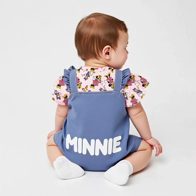【ベビードール】ミニー 総柄サロペット風ロンパース 1209B / 70-80cm ベビーサイズ 赤ちゃん 出産祝い 贈り物 プレゼント ベビー服 半袖 デニムサロペット風 ニットデニム