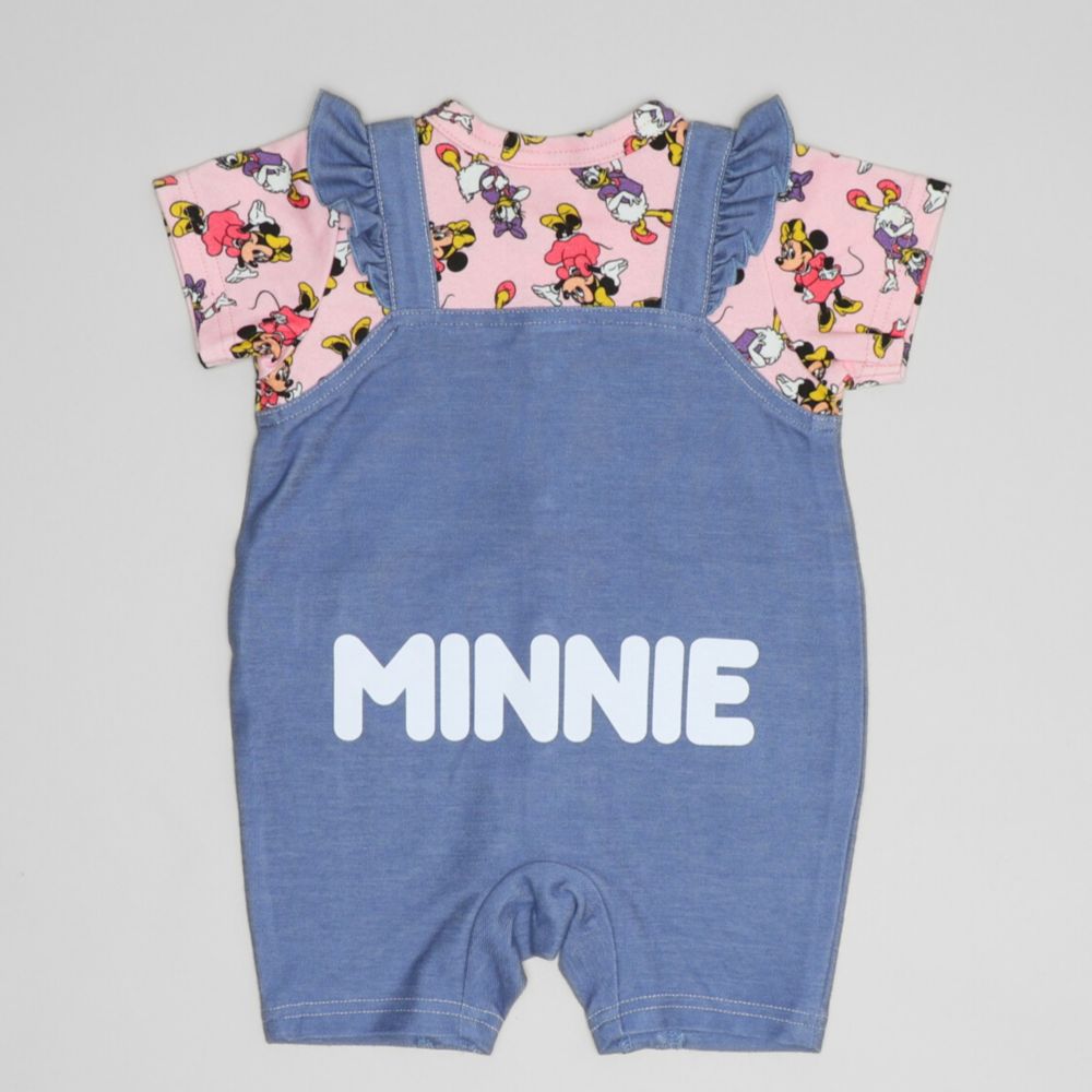 【ベビードール】ミニー 総柄サロペット風ロンパース 1209B / 70-80cm ベビーサイズ 赤ちゃん 出産祝い 贈り物 プレゼント ベビー服 半袖 デニムサロペット風 ニットデニム