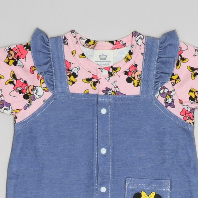 【ベビードール】ミニー 総柄サロペット風ロンパース 1209B / 70-80cm ベビーサイズ 赤ちゃん 出産祝い 贈り物 プレゼント ベビー服 半袖 デニムサロペット風 ニットデニム