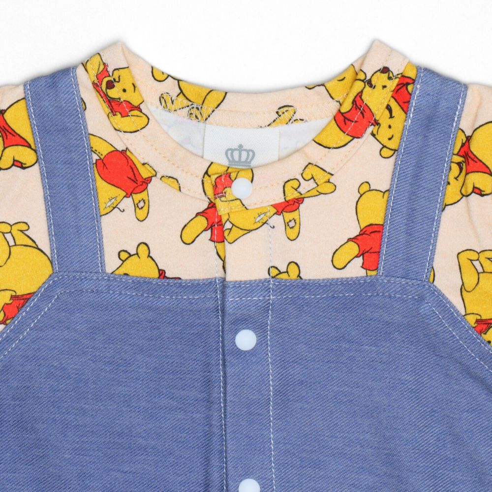 【ベビードール】プー 総柄サロペット風ロンパース 1209B / 70-80cm ベビーサイズ 赤ちゃん 出産祝い 贈り物 プレゼント ベビー服 半袖 デニムサロペット風 ニットデニム