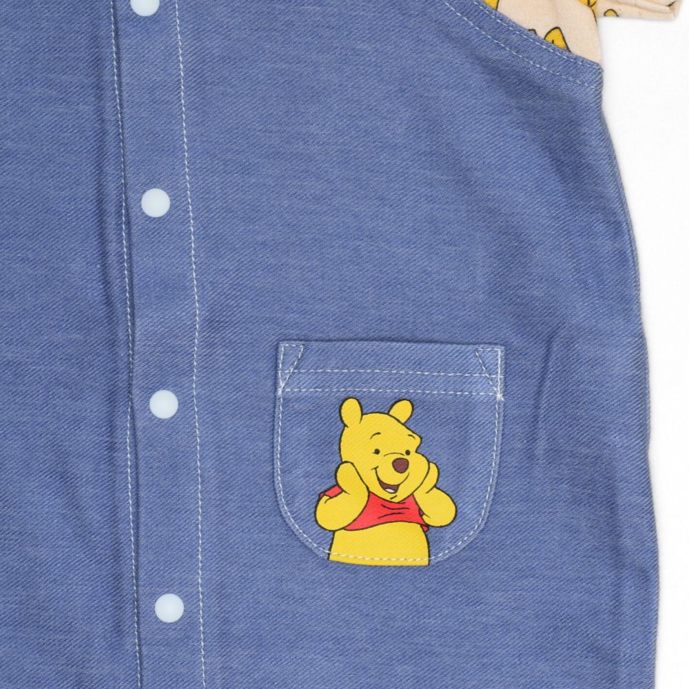 【ベビードール】プー 総柄サロペット風ロンパース 1209B / 70-80cm ベビーサイズ 赤ちゃん 出産祝い 贈り物 プレゼント ベビー服 半袖 デニムサロペット風 ニットデニム