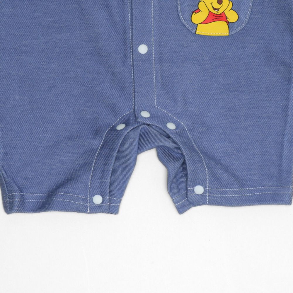 【ベビードール】プー 総柄サロペット風ロンパース 1209B / 70-80cm ベビーサイズ 赤ちゃん 出産祝い 贈り物 プレゼント ベビー服 半袖 デニムサロペット風 ニットデニム