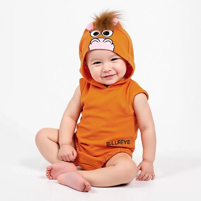 【ベビードール】ブルズアイ なりきるフード付きロンパース 1286B / 70-80cm ベビーサイズ 赤ちゃん 出産祝い 贈り物 プレゼント ベビー服 ノースリーブ 袖なし フード付き 立体モチーフ 仮装 コスチューム コスプレ