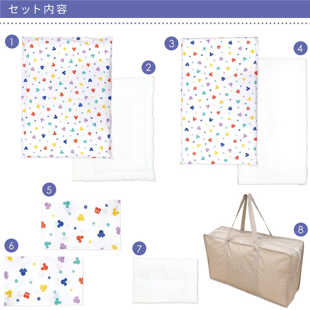 ミッキーアイコン お昼寝布団セット 8点 綿100％ 防水バッグ 撥水バッグ ネームタグ付き NZ1256