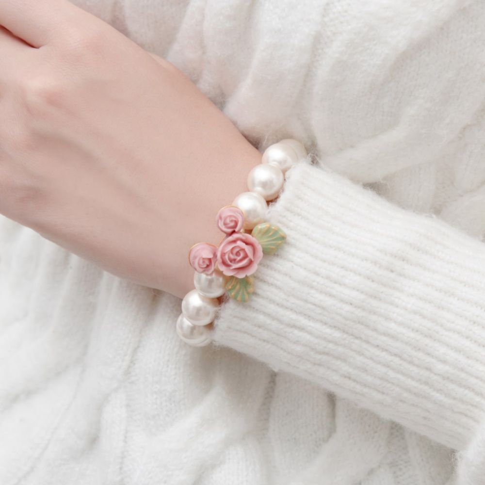 【キューポット】ミニーマウス/パールブレスレット　ビンテージローズ