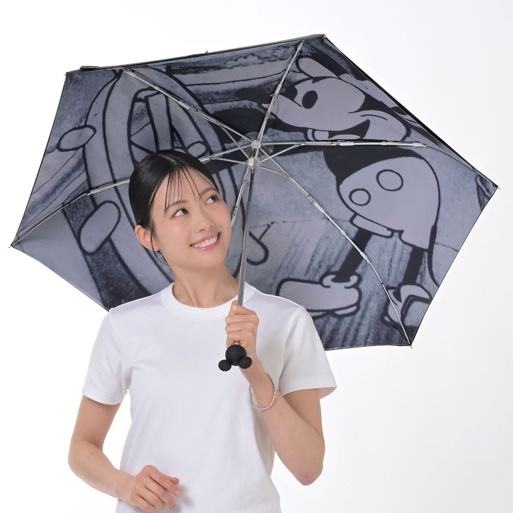 ミッキー 折りたたみ傘 晴雨兼用 ポーチ入り 蒸気船ウィリー SHINY DAY