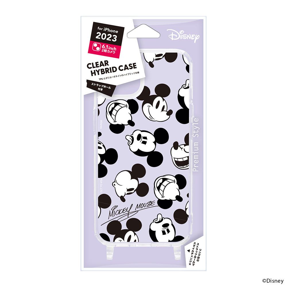 ミッキーマウス iPhone15 用 ショルダーストラップホール付クリアハイブリッドケース
