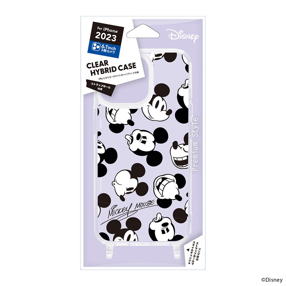 ミッキーマウス iPhone15Pro 用 ショルダーストラップホール付クリアハイブリッドケース