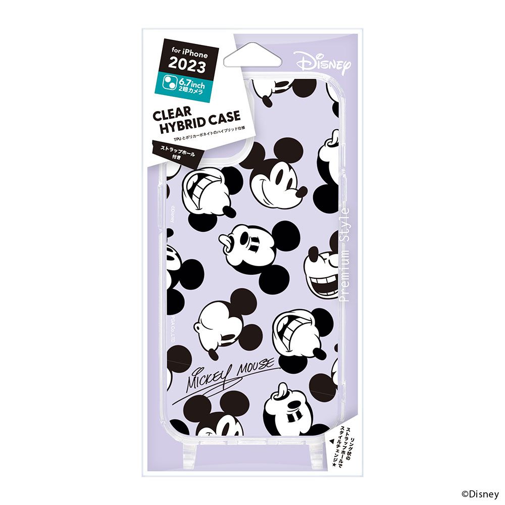 ミッキーマウス iPhone15Plus ショルダーストラップホール付クリアハイブリッドケース