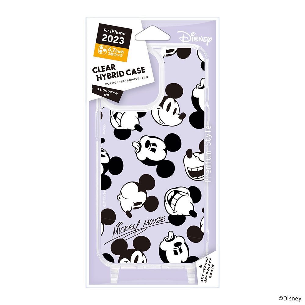 ミッキーマウス iPhone15ProMax ショルダーストラップホール付クリアハイブリッドケース