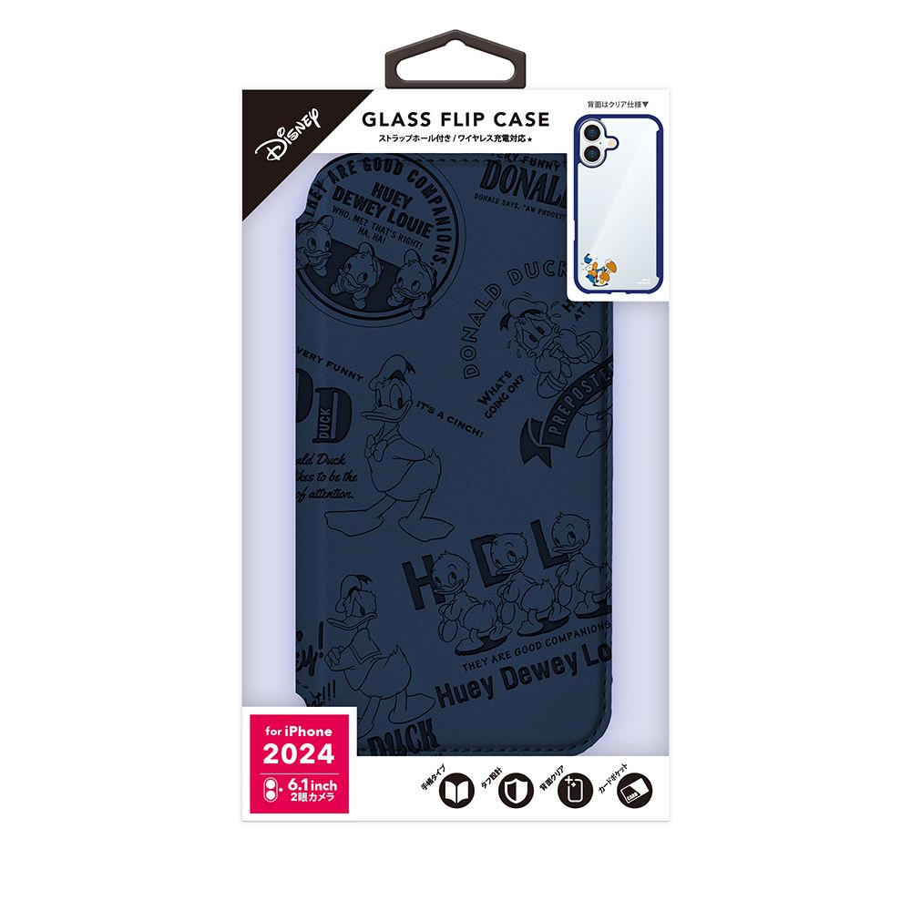 ドナルドダック iPhone16 用 ガラスフリップケース