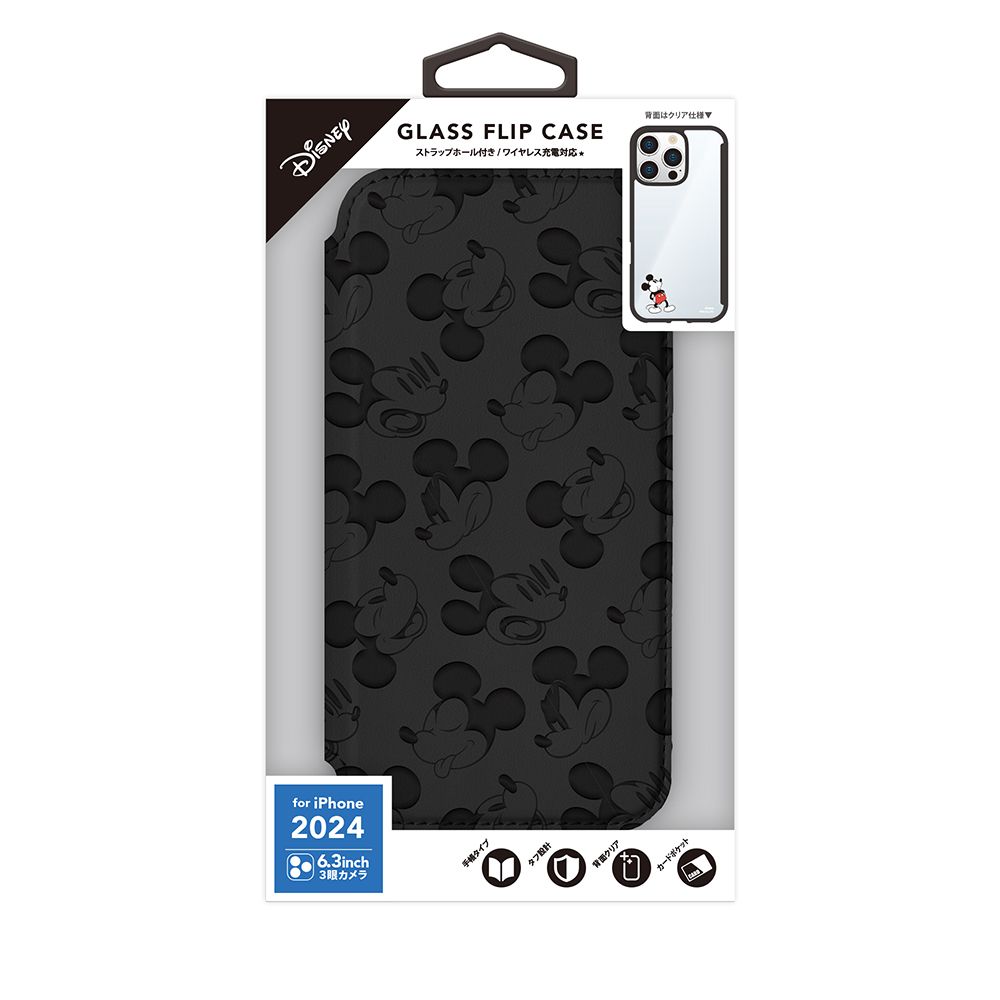 ミッキーマウス iPhone16Pro 用 ガラスフリップケース