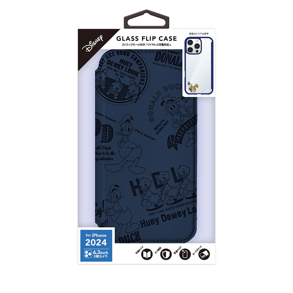 ドナルドダック iPhone16Pro 用 ガラスフリップケース