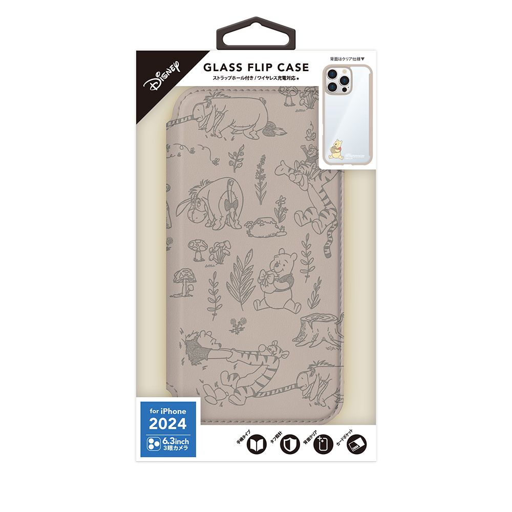 くまのプーさん iPhone16Pro 用 ガラスフリップケース